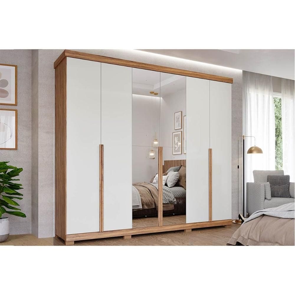 Guarda Roupa Casal 6 Portas (2 c/ Espelho) e 6 Gavetas Guarapari Cinamomo/Off White - Panan