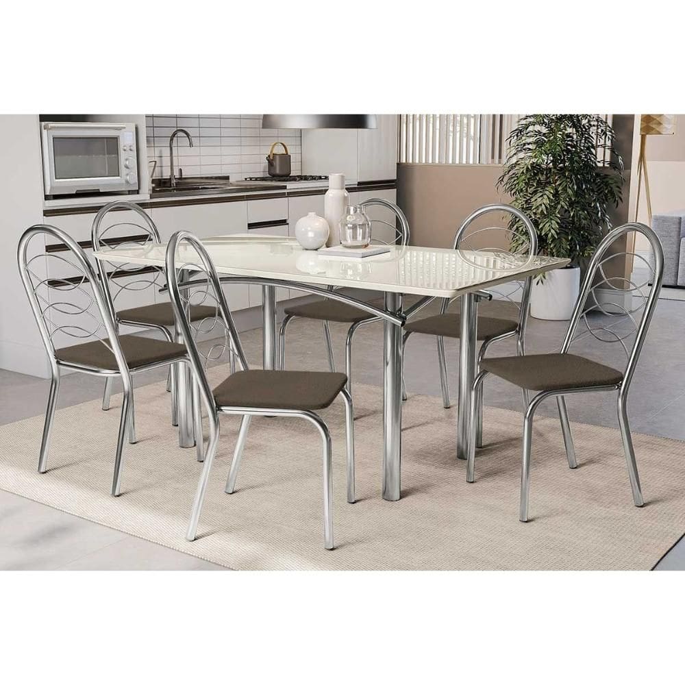 Sala de Jantar Completa Elba Tampo Madeirado c/ Vidro 160cm e 6 Cadeiras Holanda Cromada/Off White - Courano Marrom - Kappesberg