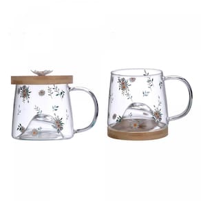 Caneca de Vidro Borossilicato com Pires de Bambu Daisy 330ml