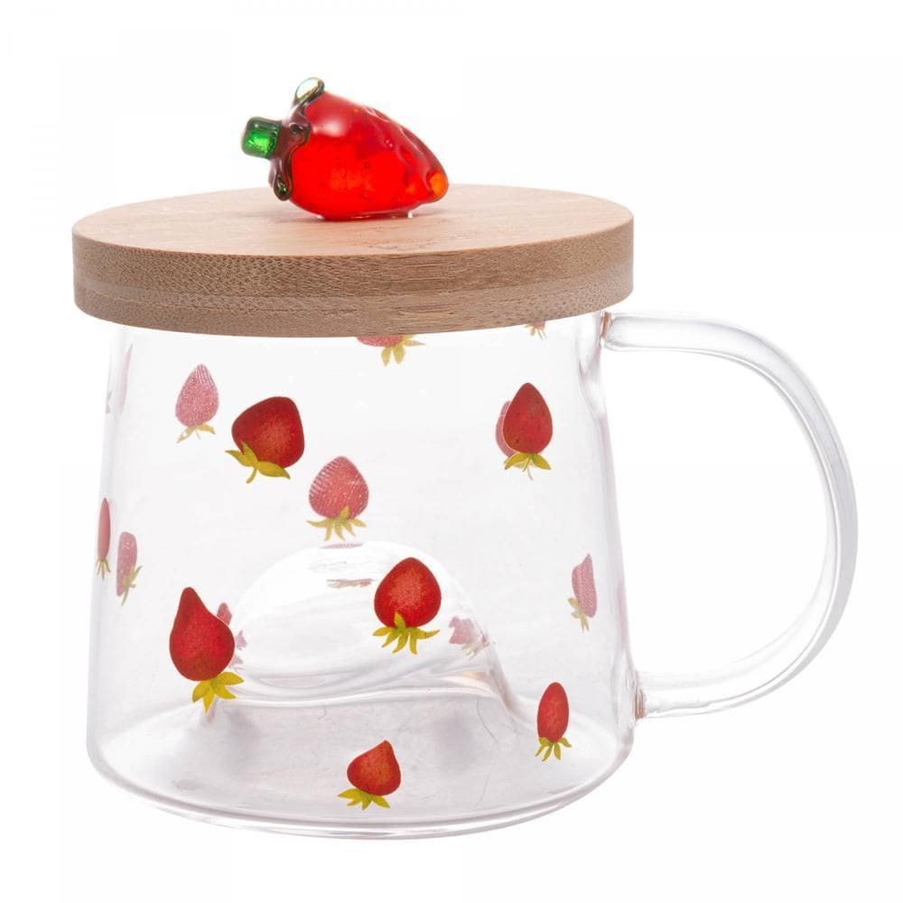 Caneca de Vidro Borossilicato c/Pires de Bambu Morango 330ml