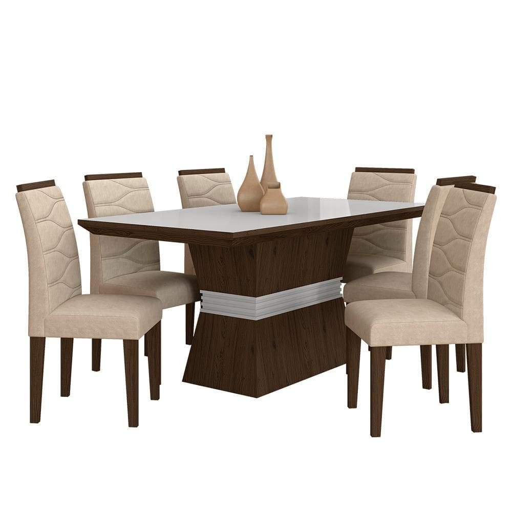 Sala De Jantar 6 Cadeiras Nazca Imbuia/off Whi/bege - Móveis Arapongas