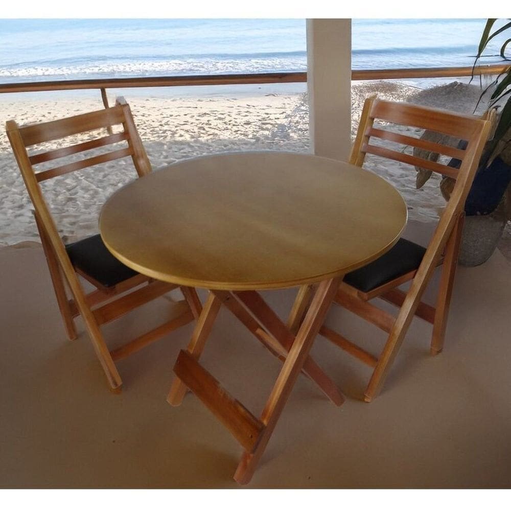 Conjunto Mesa Redonda Dobrável com 2 Cadeiras Estofadas Madeira Maciça Internacional Madeira Natural/Preto
