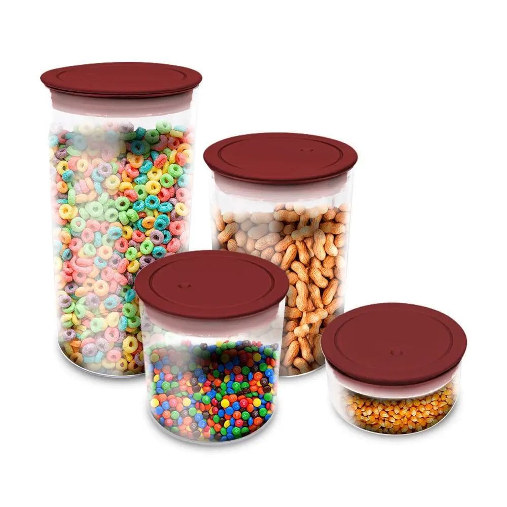 Kit Potes Porta Mantimento Hermético Redondo Cozinha Slim 1,4L + 1L + 0,6L + 0,2L transparente tampa colorida