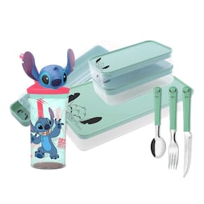 Conjunto Refeição Infantil Stitch Disney 8 Peças Estojo, Potes, Talheres e Copo 3D Com Canudo