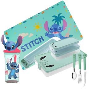 Conjunto Refeição Infantil Stitch Disney 9 Peças Estojo, Potes, Talheres, Copo 3D e Jogo Americano