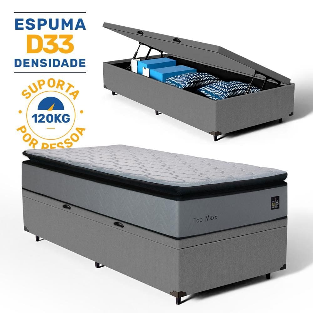 Cama Box Baú com Colchão de Espuma D33 Pillow Top Maxx Solteiro 88cm