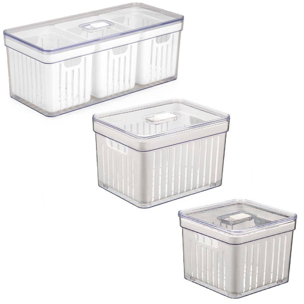Kit 3 Organizadores Geladeira Elegance 6,8/3,8/2,8L Escorredores Divisória para Alimentos Frutas e Vegetais