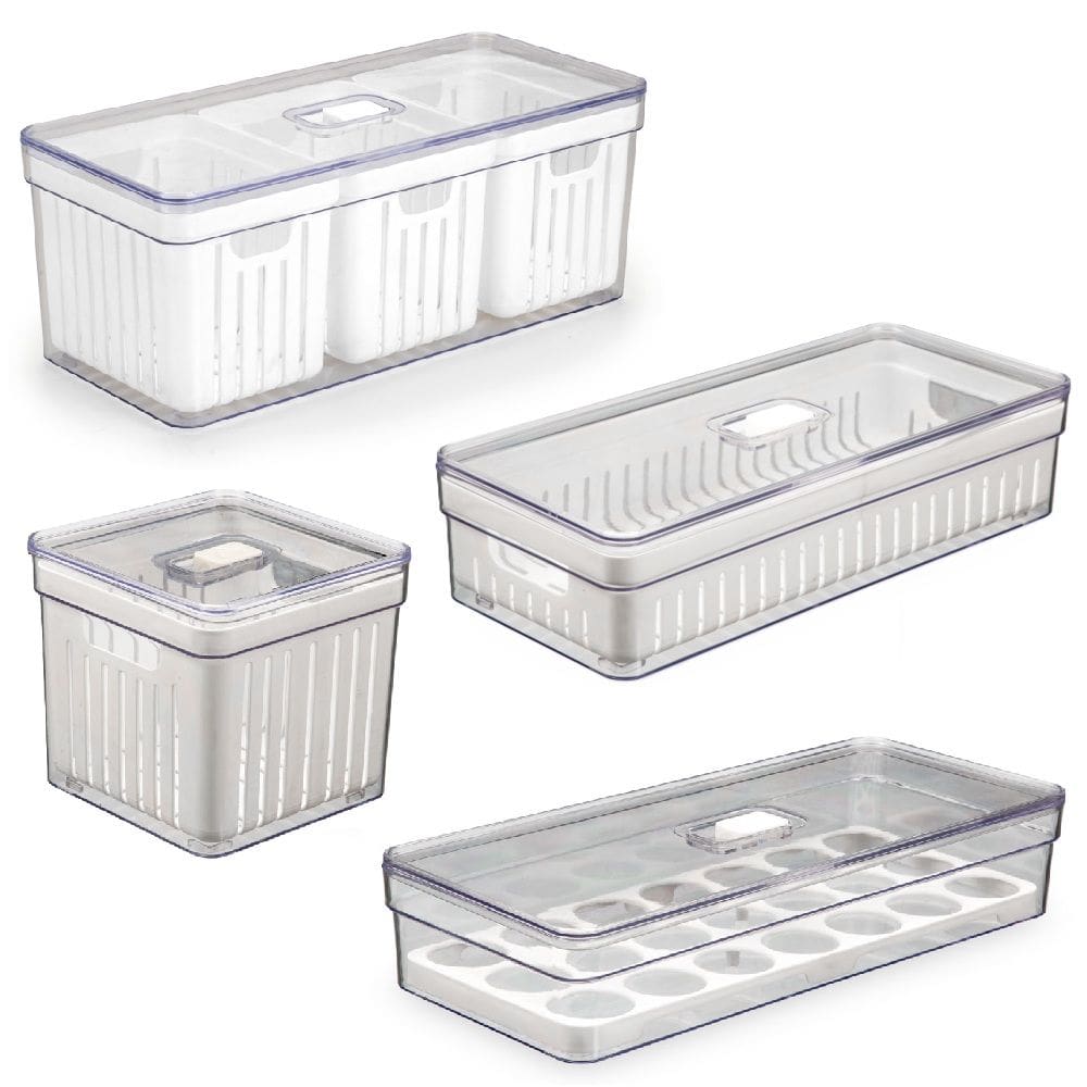 Kit 4 Organizadores Geladeira Elegance 21ovos/6,8/3,6/2,8L Escorredores Divisória para Alimentos Frutas e Vegetais