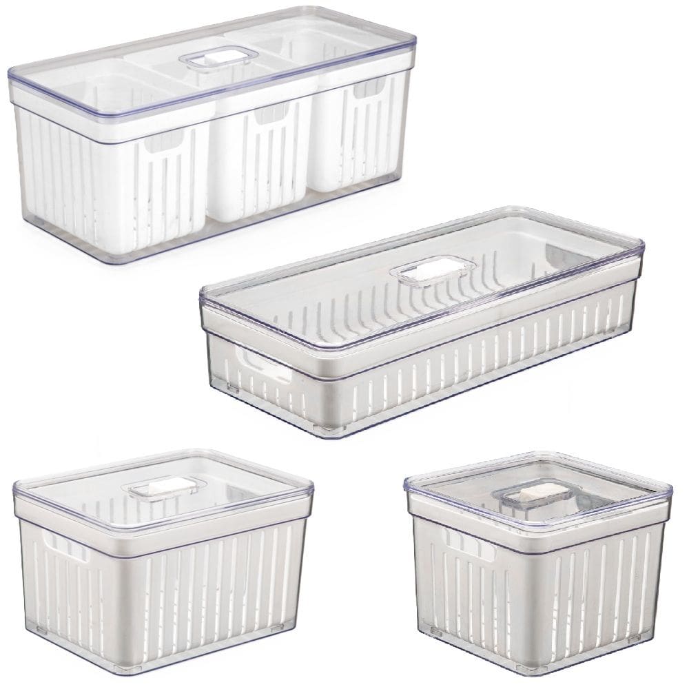 Kit 4 Organizadores Geladeira Elegance 6,8/3,8/3,6/2,8L Escorredores Divisória para Alimentos Frutas e Vegetais