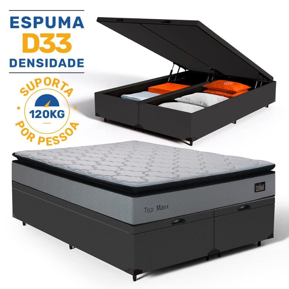 Cama Box Baú com Colchão de Espuma D33 Pillow Top Maxx Queen 158cm