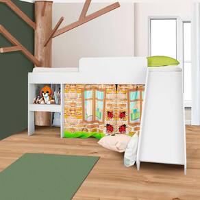 Cama Infantil Elevada Com Escorregador E Colchão Solteiro Branco Adventure Shop JM