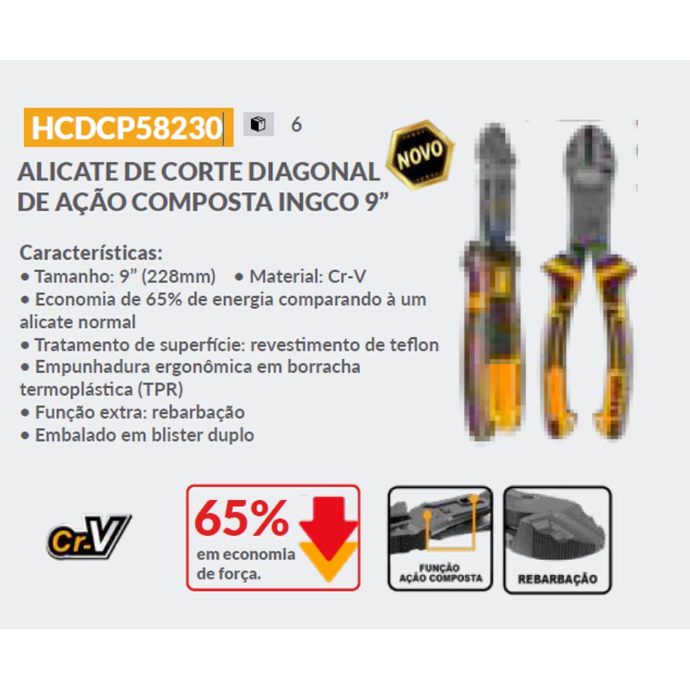 Alicate Corte Diagonal 9``  Ingco Ação Composta 65% Menos Força 228mm Hcdcp58230
