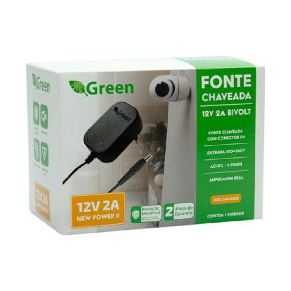 Fonte Chaveada 12V 2A Bivolt Plug P4 5,5mm x 2,1mm Green 044-6202