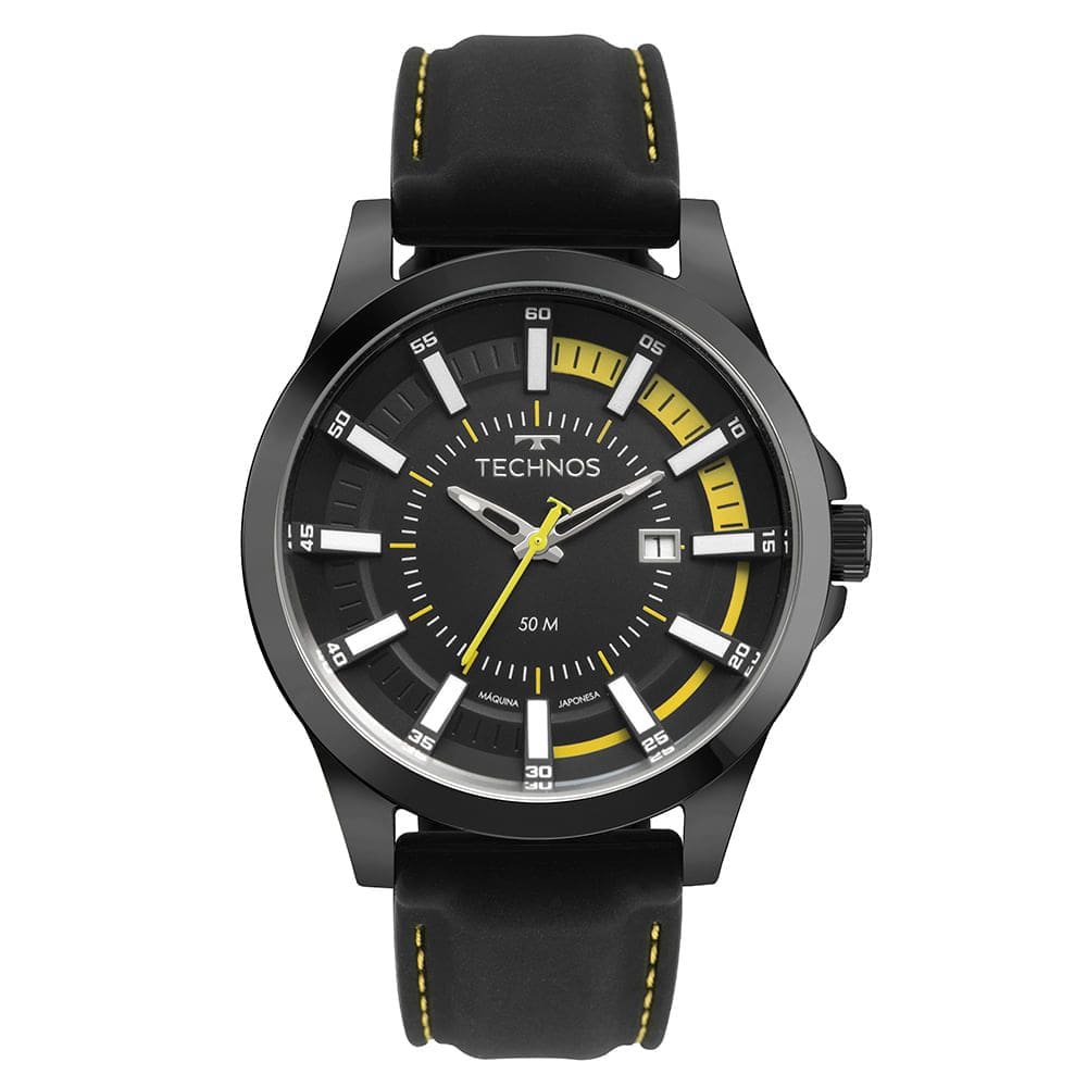 Relógio TECHNOS masculino borracha preto amarelo 2117LFJ/0P
