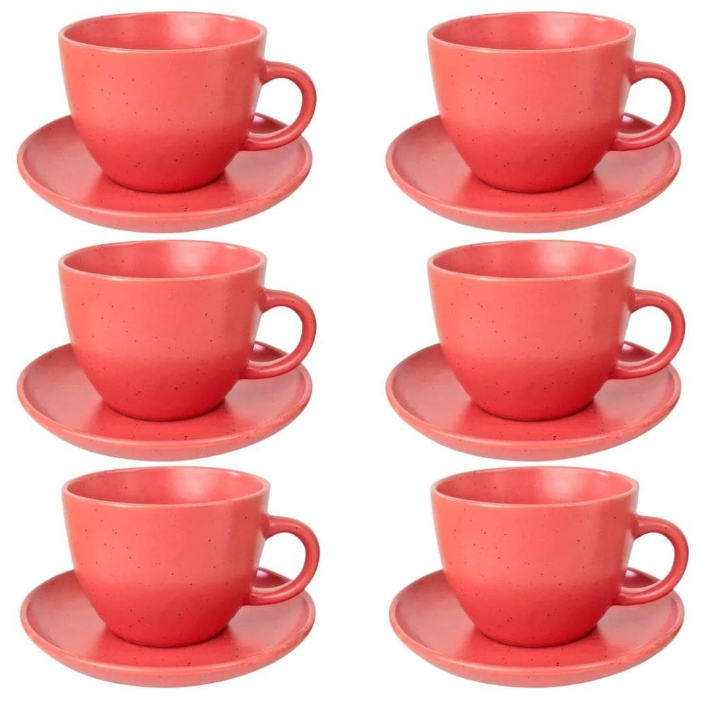 Jogo de Xícaras com Pires para Chá em Cerâmica Vermelho Fosco 210ml 6 Unidades - Casita