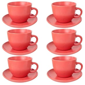 Jogo de Xícaras com Pires para Chá em Cerâmica Vermelho Fosco 210ml 6 Unidades - Casita