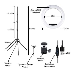 Ring Light Led Circular Completo 26Cm + Tripé 2,1M