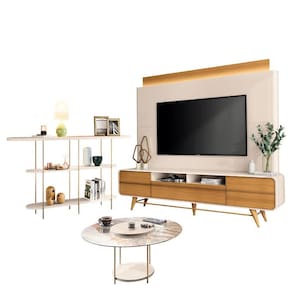 Estante Home Theater Nobre Off White Cinamomo e Aparador Infinity e Mesa de centro Sky com tampo de vidro Off White- HB Móveis