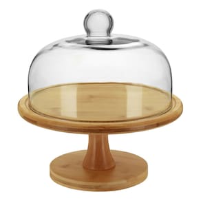 PRATO BOLO COM PÉ 27x26x26cm BAMBU NATURAL TAMPA VIDRO BOLEIRA