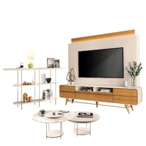 Estante Home Theater Nobre Off White Cinamomo e Aparador Infinity e Kit Mesa de centro Sky Off White- HB Móveis