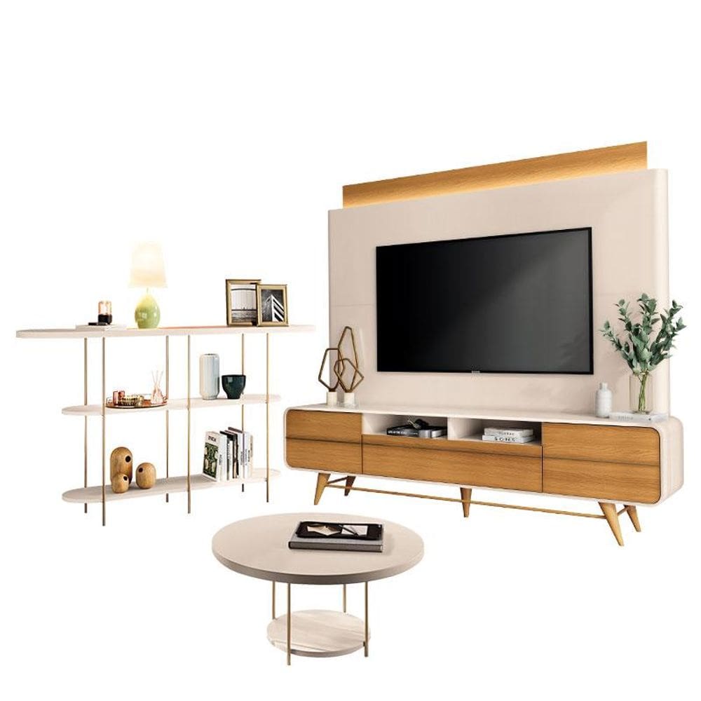 Estante Home Theater Nobre Off White Cinamomo e Aparador Infinity e Mesa de centro Sky Off White- HB Móveis