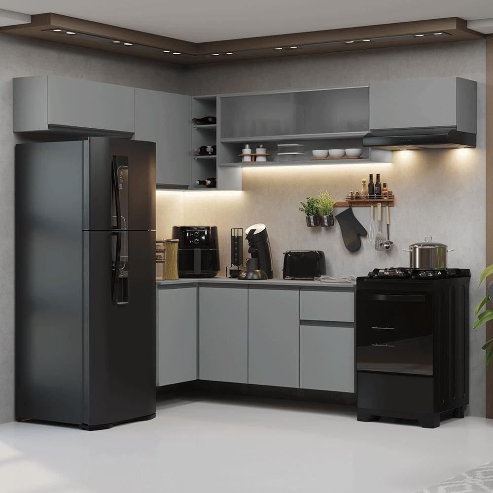 Armário de Cozinha Completa de Canto Suspenso 405cm Cinza Nice Madesa 03