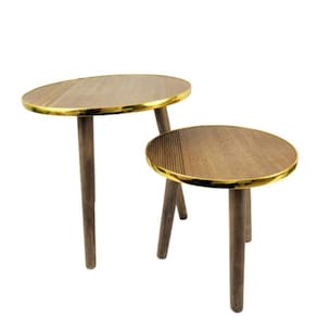 Mesa Lateral Centro Metal Madeira Dourado 40/30Cm 2 Peças