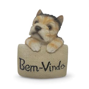 Estatueta Cachorrinho Yorkshire Plaquinha Bem-Vindo 7 cm
