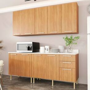 Cozinha Compacta Girassol CZ1100 200cm 04 Peças 09 Portas e 03 Gavetas com Divisor de Talheres Freijó Mármore Branco Tecnomobili