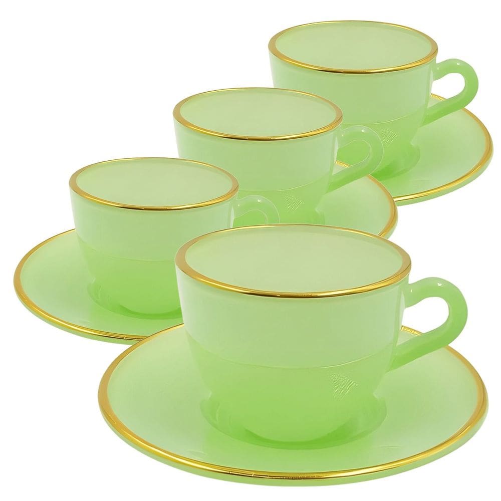 Jogo de Xícaras para Café Matte Verde Com Borda Dourada em Vidro com Pires 85ML - 8 Peças