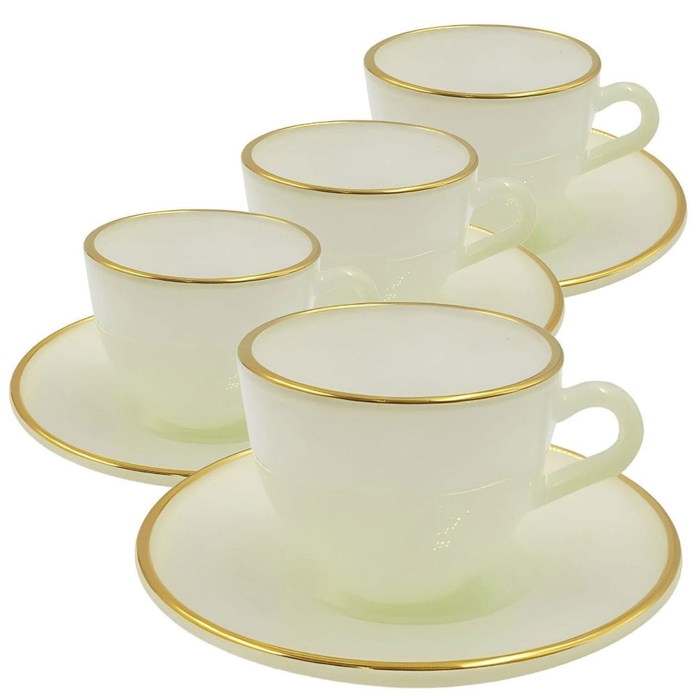 Jogo de Xícaras para Café Matte Branca Com Borda Dourada em Vidro com Pires 85ML - 8 Peças