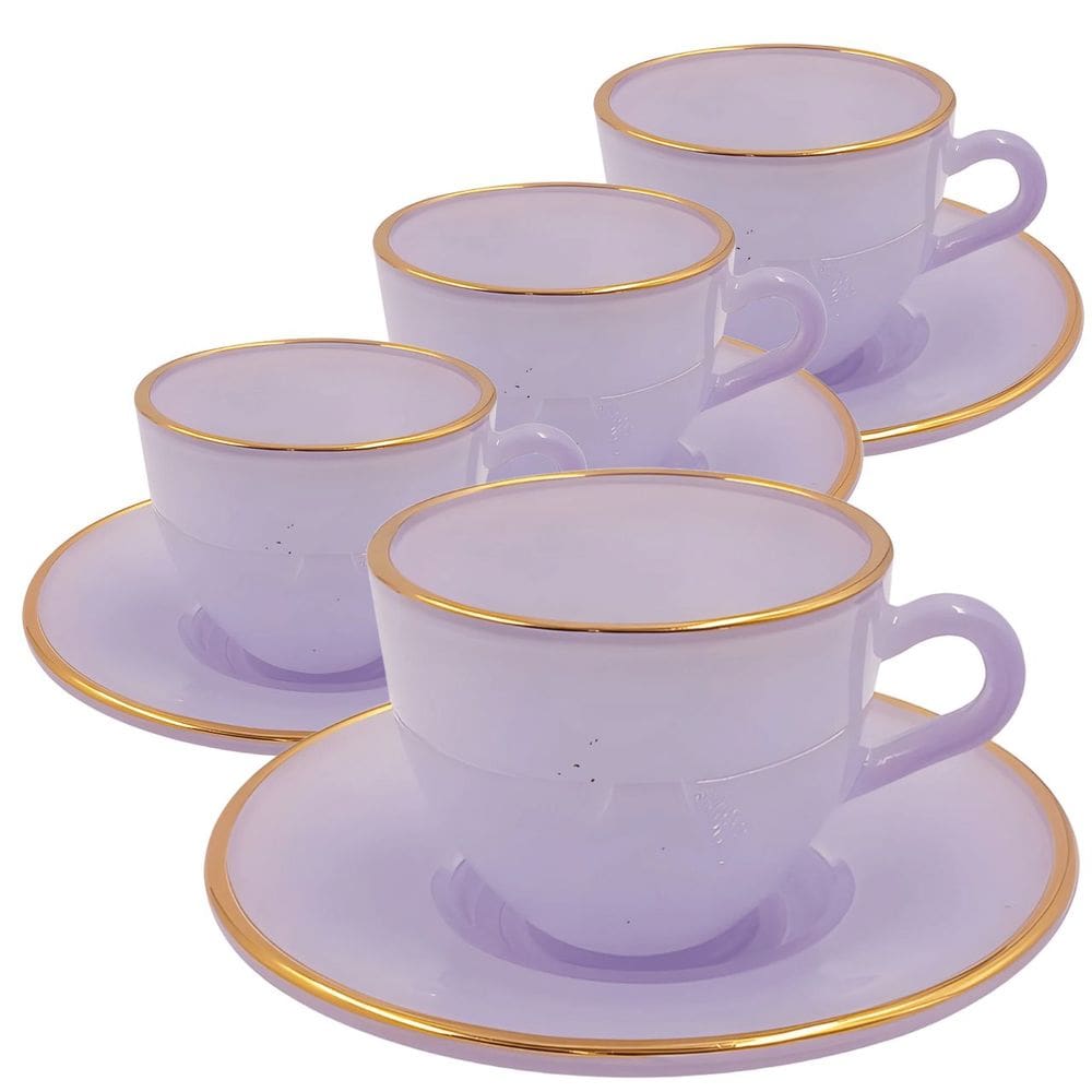Jogo de Xícaras para Café Matte Lilás Com Borda Dourada em Vidro com Pires 85ML - 8 Peças