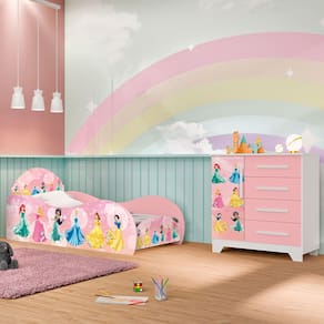 Kit Quarto Infantil Carros - Cama Solteiro Proteção Lateral com Colchão e Comoda Mdf - Rosa