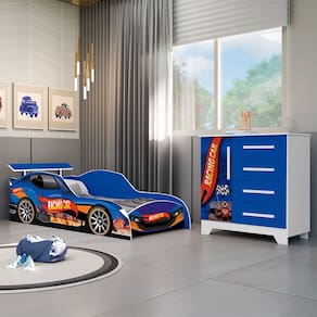 Conjunto Quarto Infantil Carros - Cama Solteiro Proteção Lateral com Colchão e Comoda Mdf - Azul