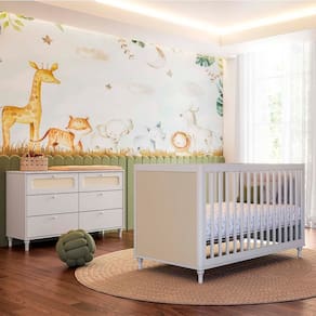 Kit Quarto Infantil Rattan Berço Americano + Cômoda 6 Gavetas - Branco Fosco