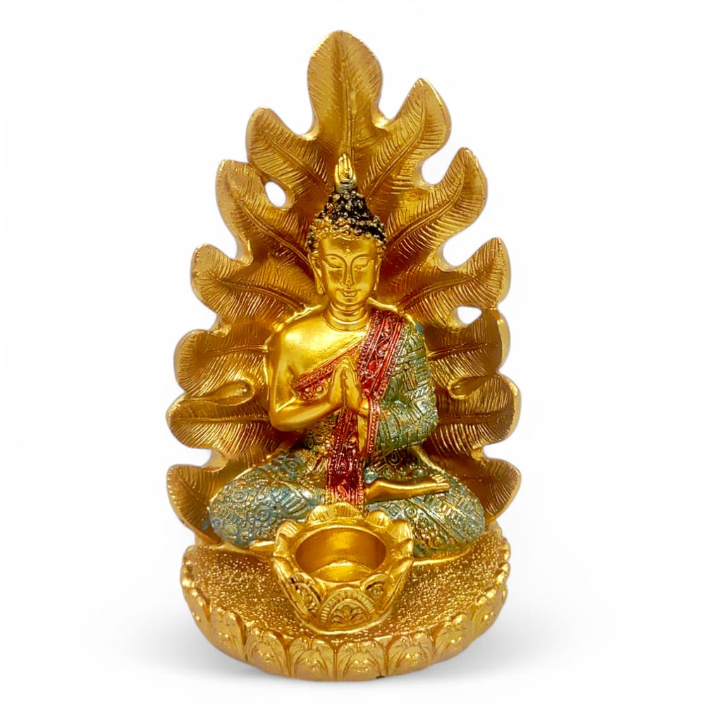 Porta Velas Buda e Folhas Dourado Brilhante Meditando 15 cm