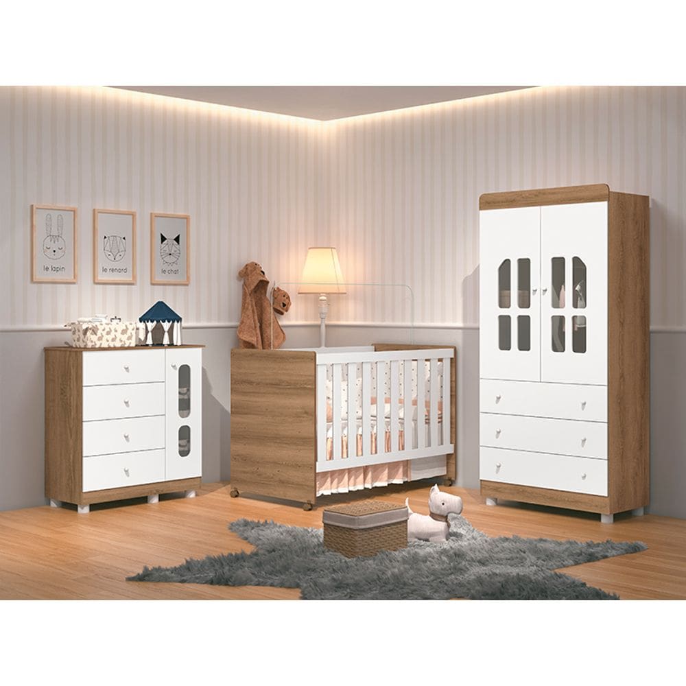 Quarto de Bebê Completo com Guarda Roupa, Cômoda e Berço Katatau Branco/Mezzo - Rede Móveis