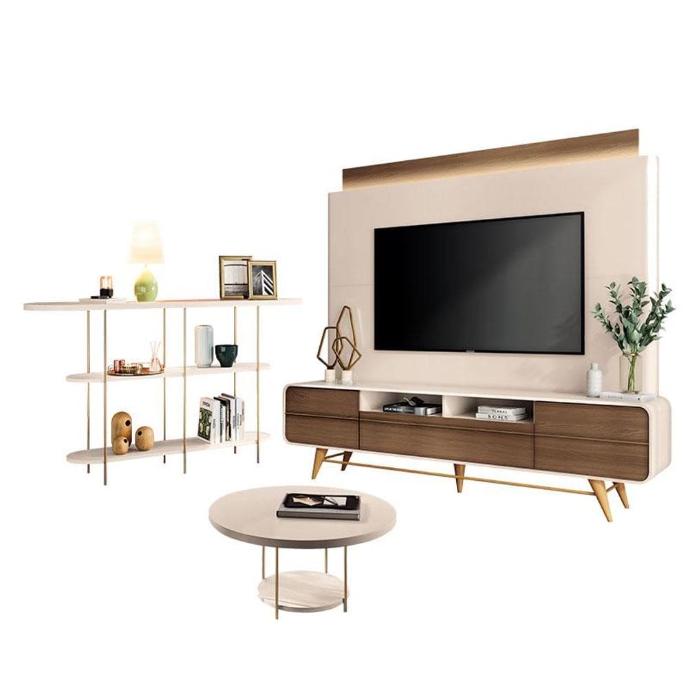 Estante Home Theater Nobre Off White Castanho e Aparador Infinity e Mesa de centro Sky Off White– HB Móveis