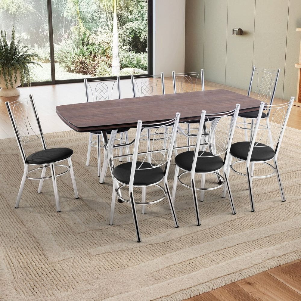 Conjunto Sala de Jantar Holanda 180cm X 100cm Cromado/Amadeirado Escuro/Preto