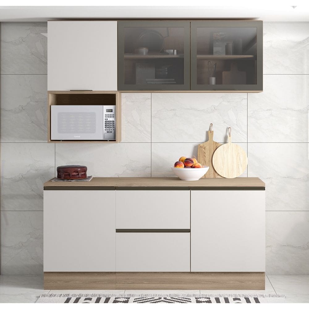 Cozinha Modulada 178m com Balcão 120m FLEX C/ Tampo MDP Etna -  Carvalho OAK/Off White Poliman