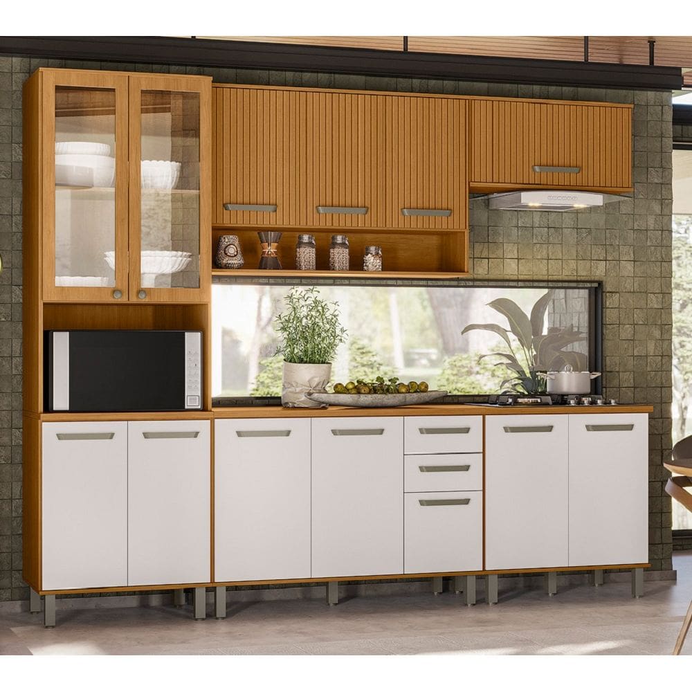 Armário de Cozinha Modulada Criare Portas com Detalhes Ripado - Freijó/Ripado/ Off Acetinado Poliman
