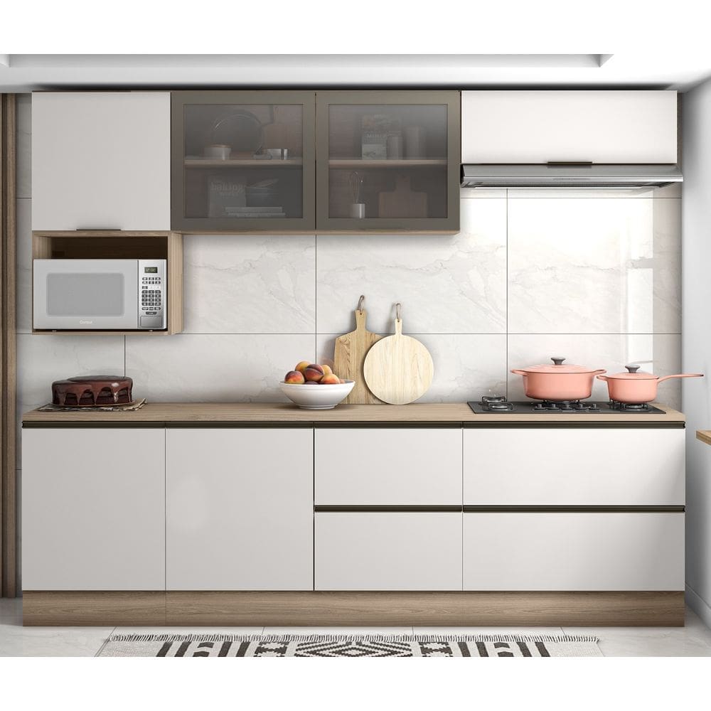 Cozinha Etna completa Balcão p/Cooktop 4/5 Bocas, Nicho p/ Microondas-Carvalho OAK/Off White Poliman