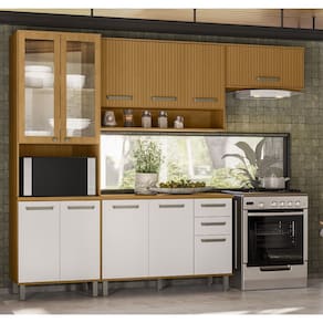 Cozinha Modulada Criare Paneleiro/Cristaleira c/ Vidro e Led - Freijó/Ripado/ Off Acetinado Poliman