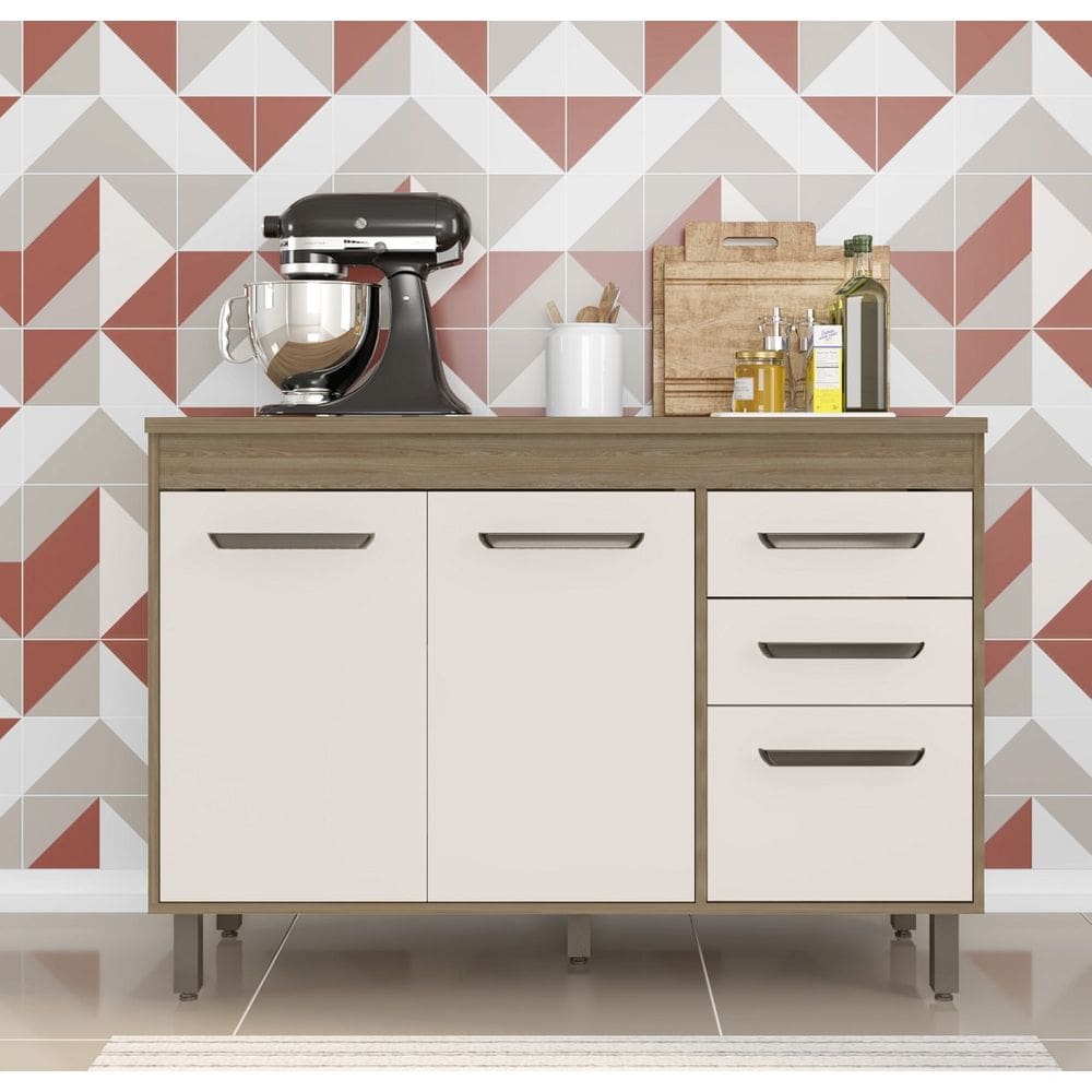 Balcão Barcelona com Tampo MDP 120cm 3 Portas 2 Gavetas - Carvalho AOK/Off White Poliman