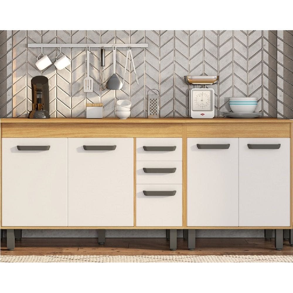 Kit de Cozinha 190cm 5 Pts 2 Gav com Balcão C/ Tampo MDP e Cooktop - Freijó/Off Acetinado Poliman