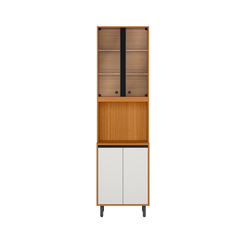 Paneleiro Cristaleira  com Led 4 Portas Ravena - Freijó UV/Off Acetinado Poliman