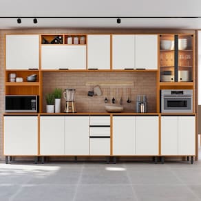 Cozinha Modulada Ravena 6 peças Com Cristaleira e Led - Freijó UV/Off Acetindo Poliman