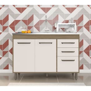 Balcão Gabinete Barcelona Para Pia de 120m S/TAMPO 3 Portas 2 Gavetas - Carvalho OAK/Off White Poliman