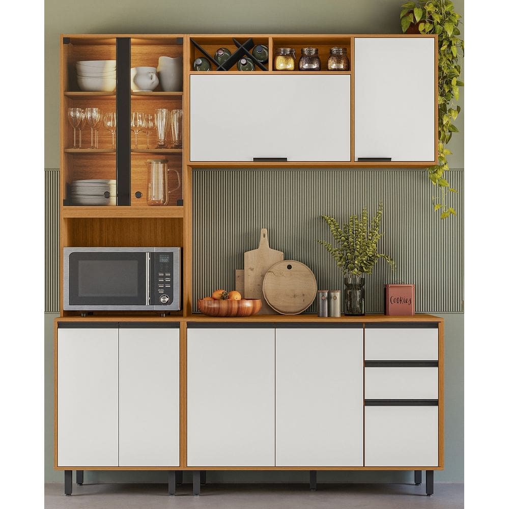 Armário de Cozinha Ravena Modulada c/ Paneleiro Duplo Vidro com Led - Freijó UV/Off Acetindo Poliman