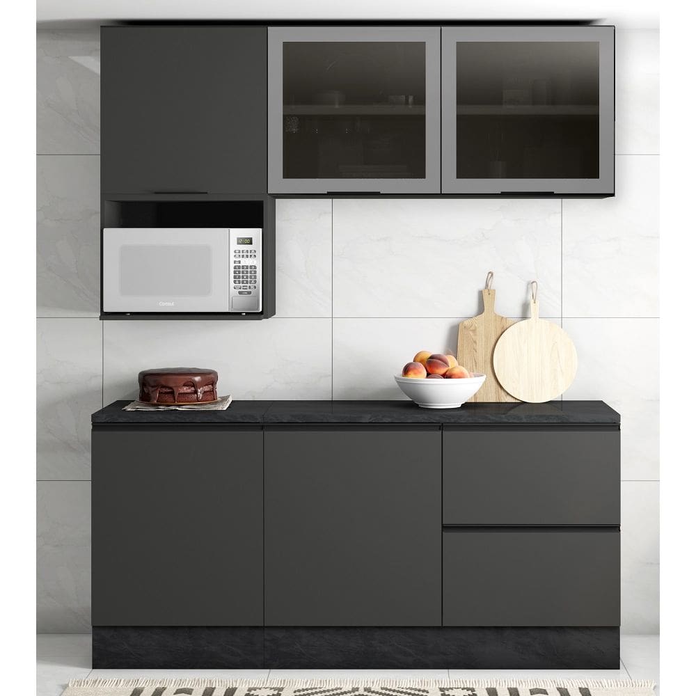 Jogo de Cozinha Modulada 178m com Balcão 120m FLEX C/ Tampo MDP Etna - Grafite Poliman